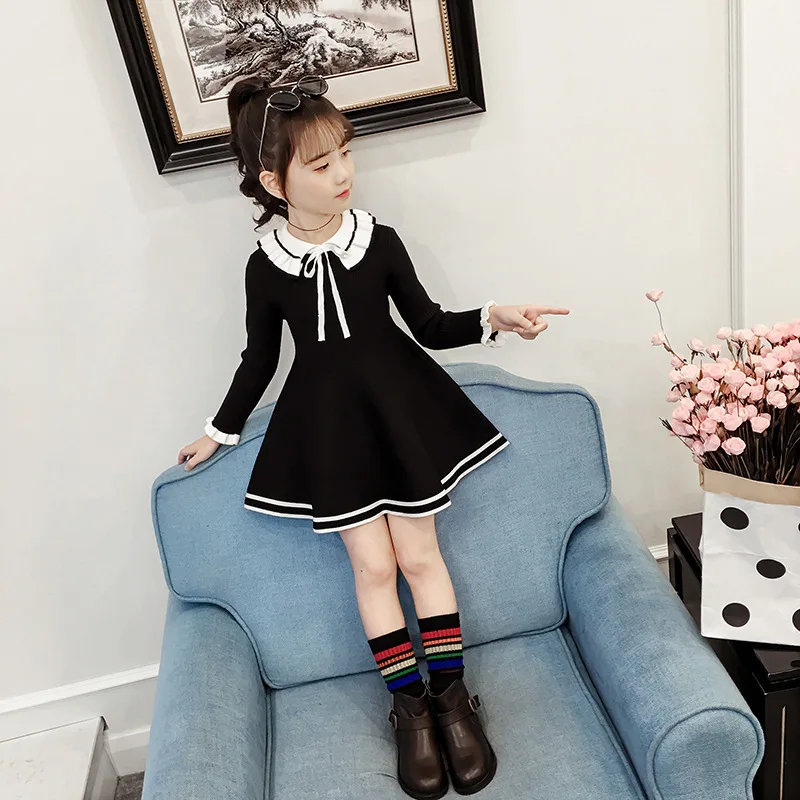 New Girl Baby Sweater Knitted Dress Children Warm Sweater Dress for Girls Infant Casual Pure Color Pleated Princess Dress