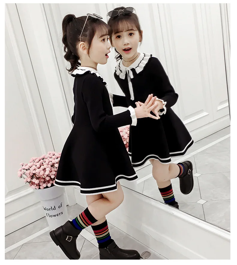New Girl Baby Sweater Knitted Dress Children Warm Sweater Dress for Girls Infant Casual Pure Color Pleated Princess Dress