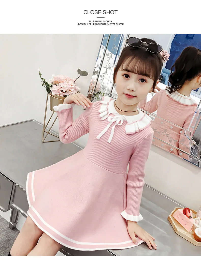 New Girl Baby Sweater Knitted Dress Children Warm Sweater Dress for Girls Infant Casual Pure Color Pleated Princess Dress