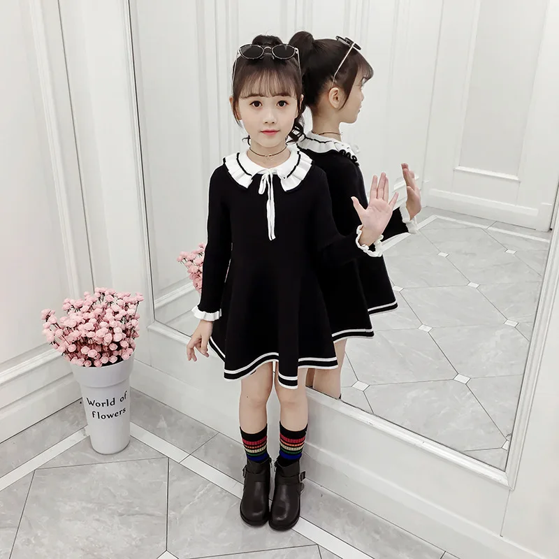 New Girl Baby Sweater Knitted Dress Children Warm Sweater Dress for Girls Infant Casual Pure Color Pleated Princess Dress