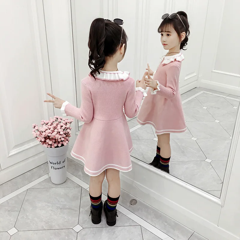 New Girl Baby Sweater Knitted Dress Children Warm Sweater Dress for Girls Infant Casual Pure Color Pleated Princess Dress