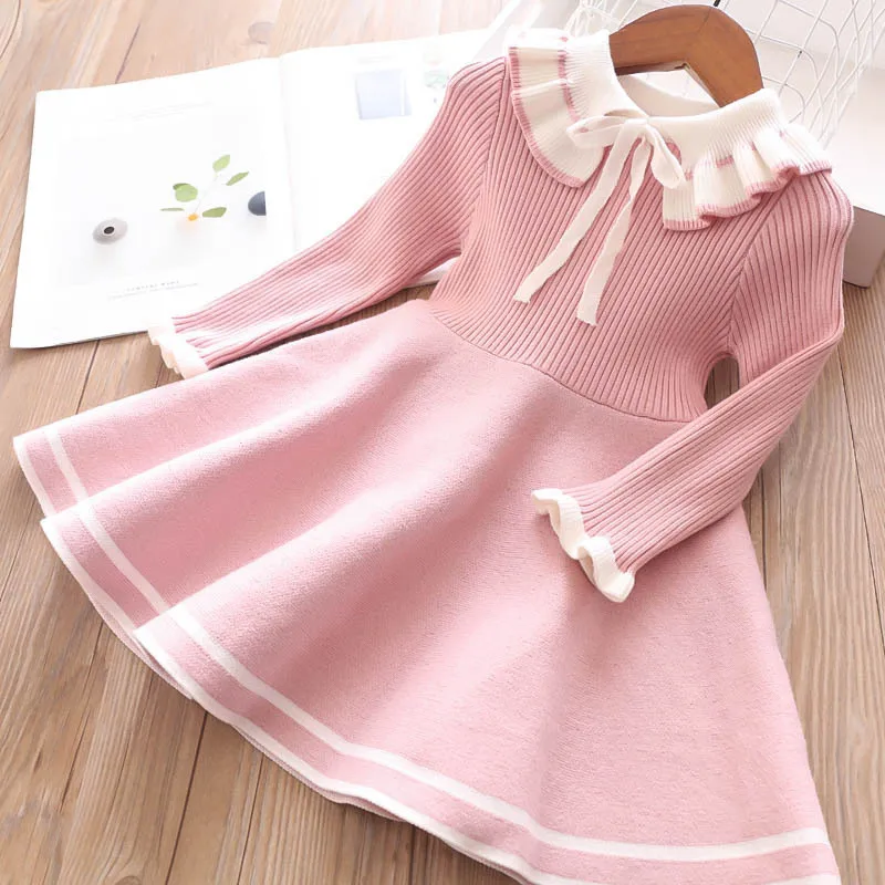 New Girl Baby Sweater Knitted Dress Children Warm Sweater Dress for Girls Infant Casual Pure Color Pleated Princess Dress