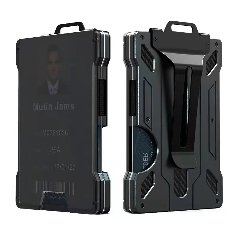 Minimalist Wallet for Men- Slim Aluminum Metal Money Clip Wallet with Clear ID Card Holder, Carbon Fiber Wallet, RFID Blocking