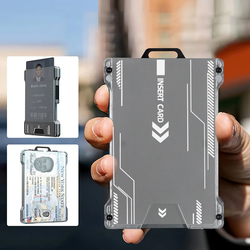 Minimalist Wallet for Men- Slim Aluminum Metal Money Clip Wallet with Clear ID Card Holder, Carbon Fiber Wallet, RFID Blocking
