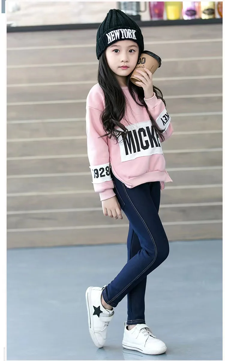 Girls Winter Cowboy Denim Long Pants Kids Thicken Warm Bootcuts Skinny Thick Leggings With Fleece Elastic Waist Trousers