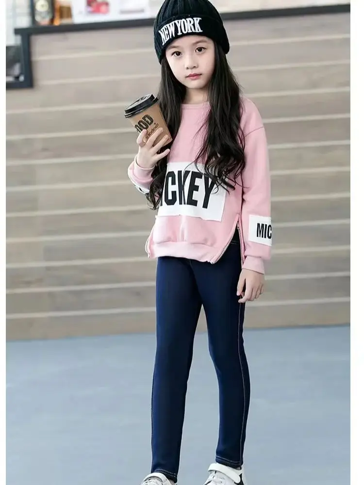 Girls Winter Cowboy Denim Long Pants Kids Thicken Warm Bootcuts Skinny Thick Leggings With Fleece Elastic Waist Trousers
