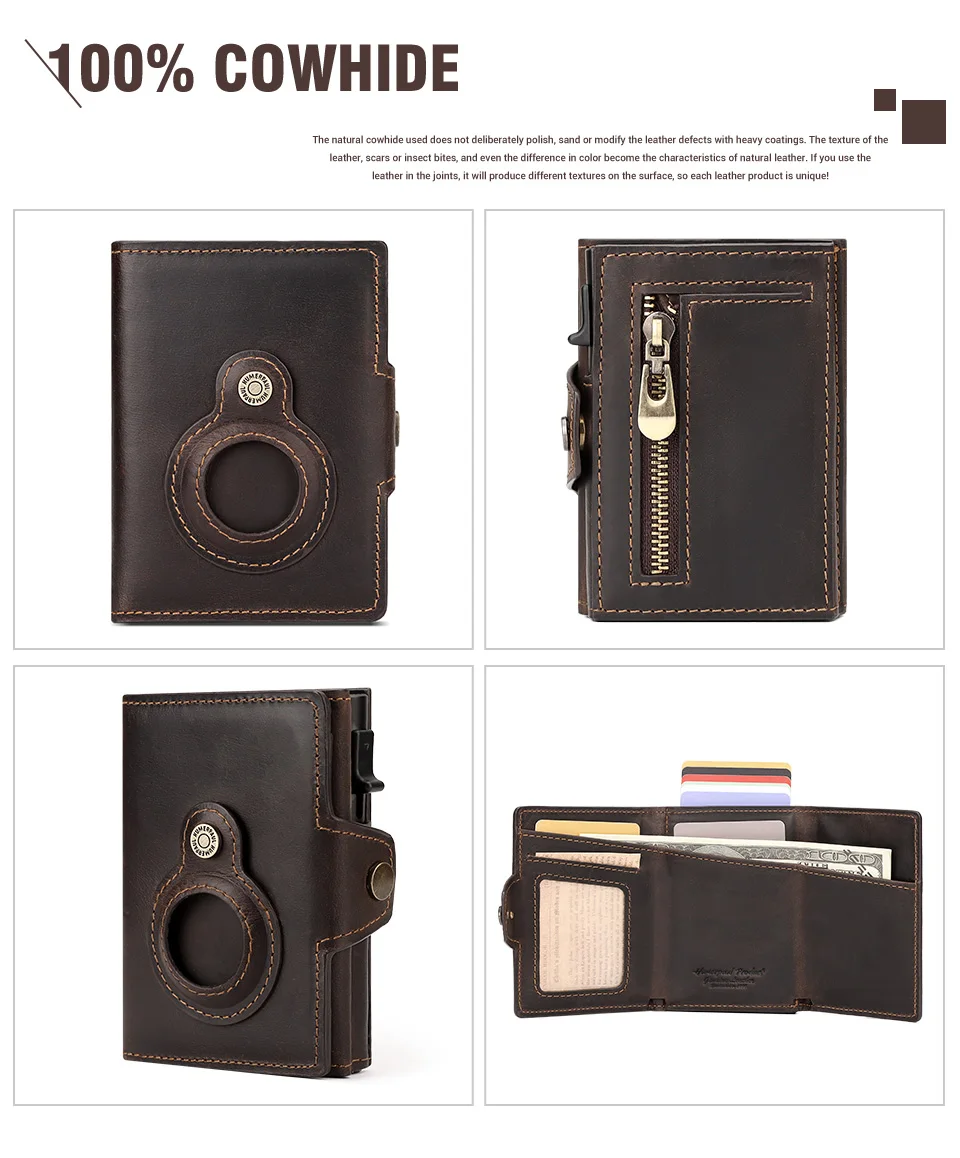 Anti-scan Magnet Credit Card Holder Wallet Genuine Leather Automatic Pop Out Aluminum Smart Wallets Luxury AirTag Purse Set