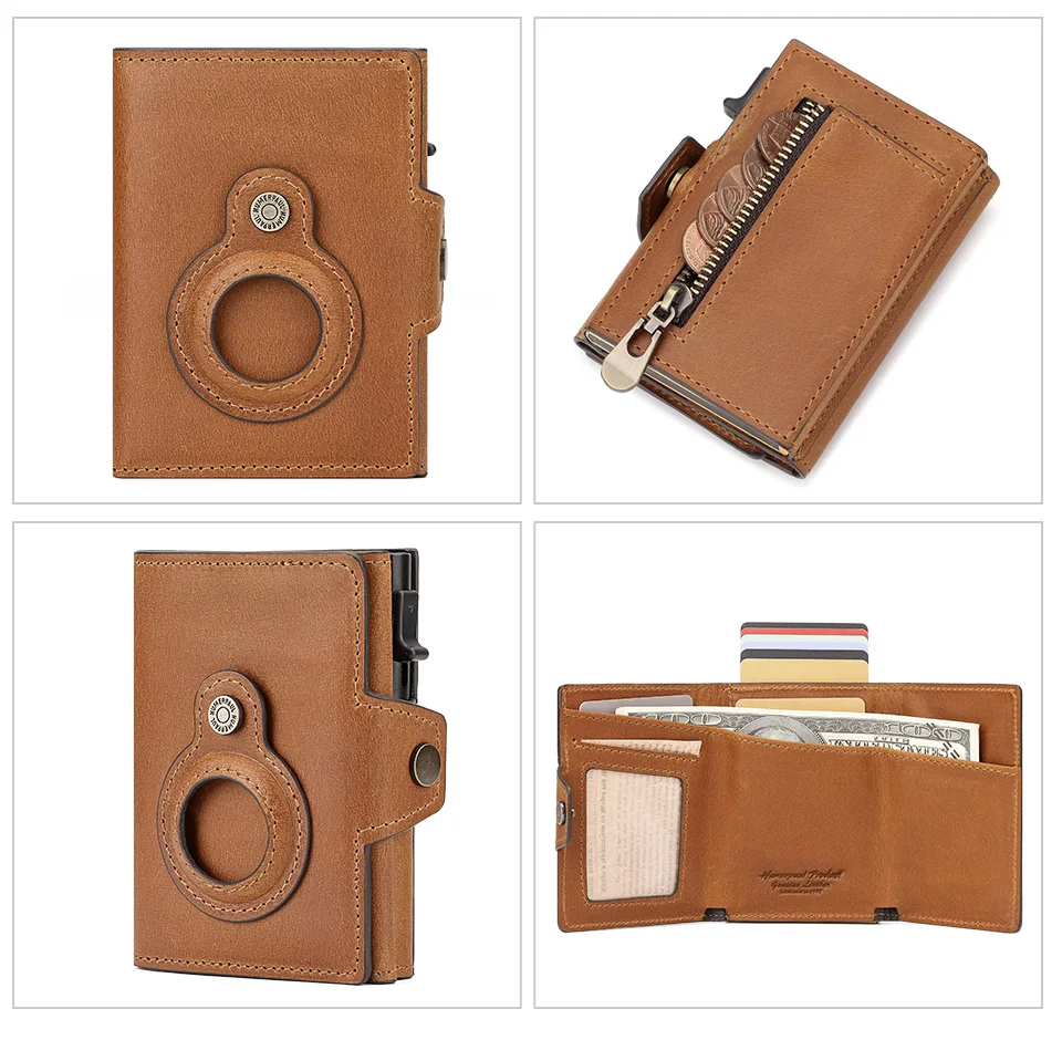 Anti-scan Magnet Credit Card Holder Wallet Genuine Leather Automatic Pop Out Aluminum Smart Wallets Luxury AirTag Purse Set