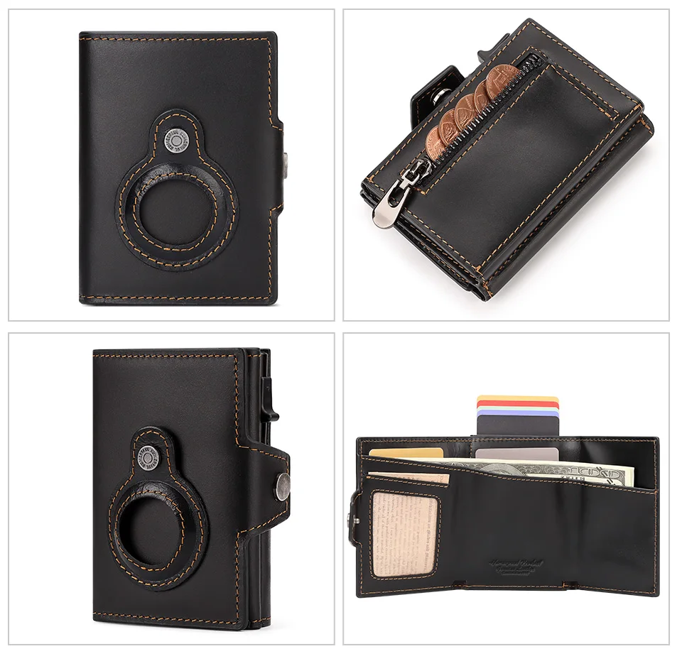 Anti-scan Magnet Credit Card Holder Wallet Genuine Leather Automatic Pop Out Aluminum Smart Wallets Luxury AirTag Purse Set