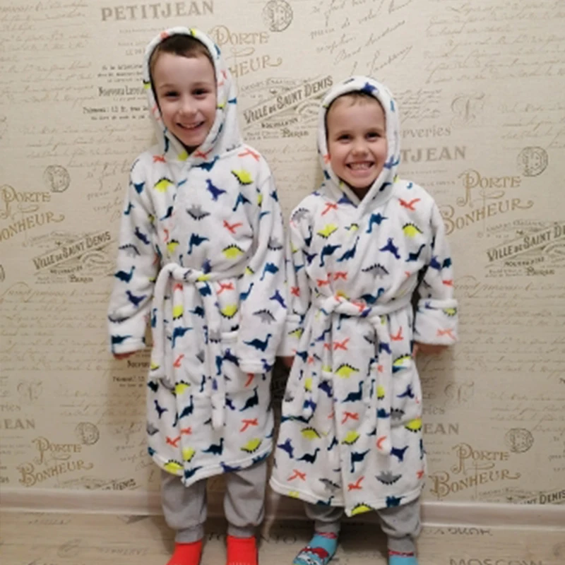Boy and Girls Flannel Pajamas Robe Autumn and Winter Children Sleepwear Soft Hooded Kids Homewear 2-8 Years