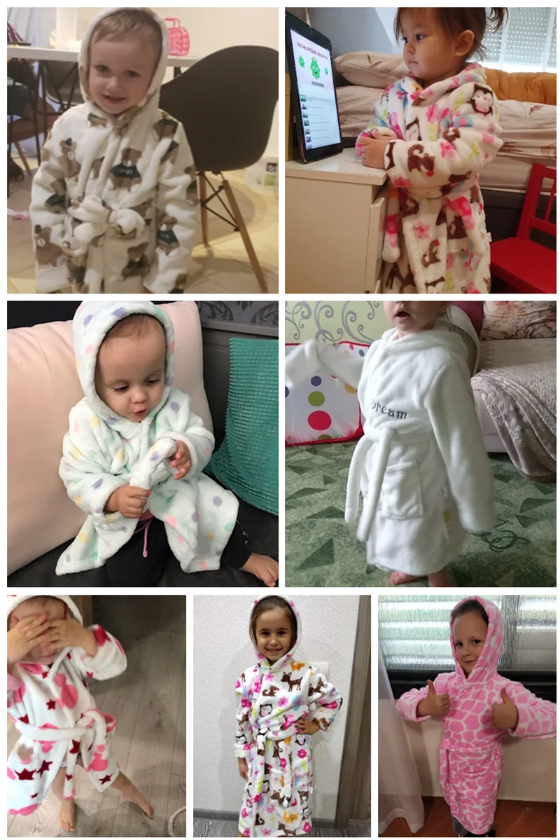 Boy and Girls Flannel Pajamas Robe Autumn and Winter Children Sleepwear Soft Hooded Kids Homewear 2-8 Years