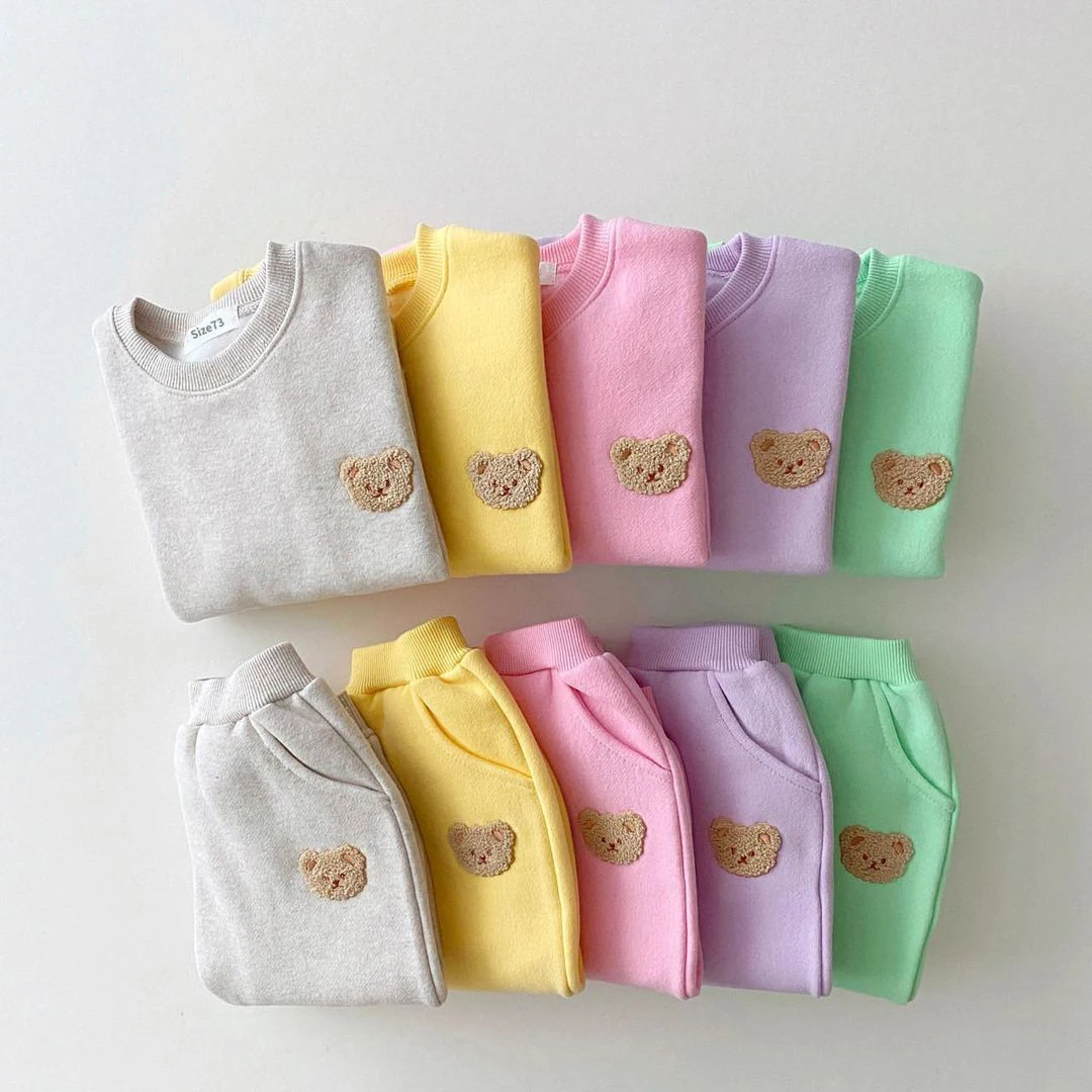Korean Baby Boys Winter Clothes Sets Warm Bear Velvet Pullover Sweatshirt Tops+Harem Pants Suits 2pcs Girls Fleece Lined Clothes