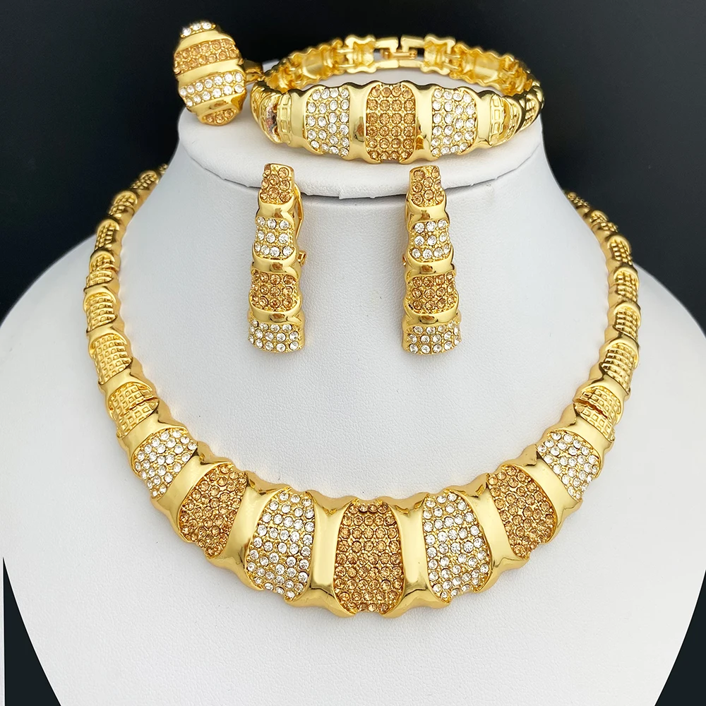 Dubai Jewelry Set For Women 18K Gold Plated Luxury Necklace Earrings Bracelet Ring For Wedding Party Mother's Day Gift On Sale