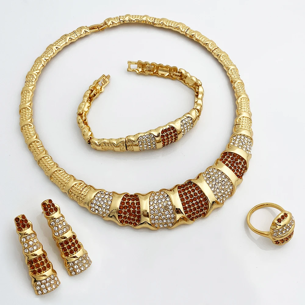 Dubai Jewelry Set For Women 18K Gold Plated Luxury Necklace Earrings Bracelet Ring For Wedding Party Mother's Day Gift On Sale
