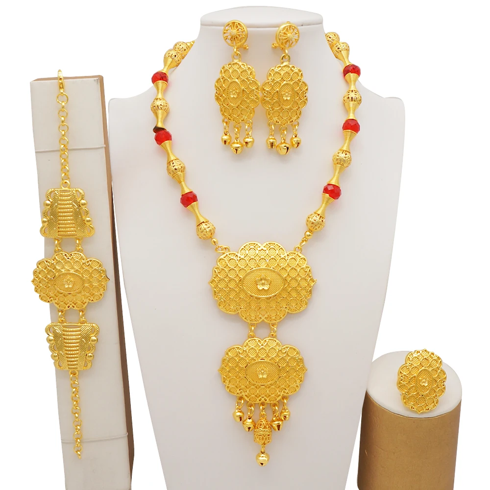 Dubai Gold Color Jewelry Sets For Women Nigerian Necklace Earrings Jewellery Set African Wedding Ethiopia Bridal Gifts