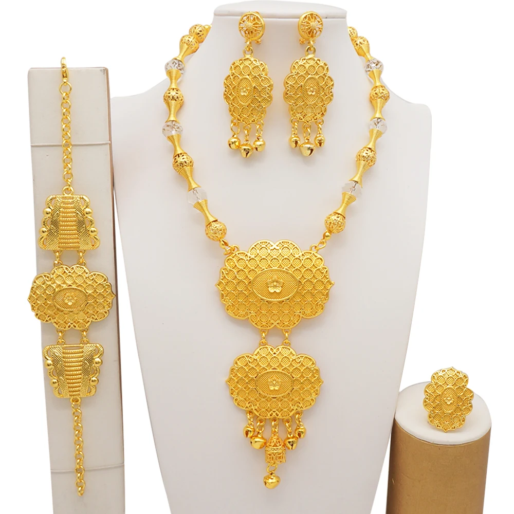 Dubai Gold Color Jewelry Sets For Women Nigerian Necklace Earrings Jewellery Set African Wedding Ethiopia Bridal Gifts