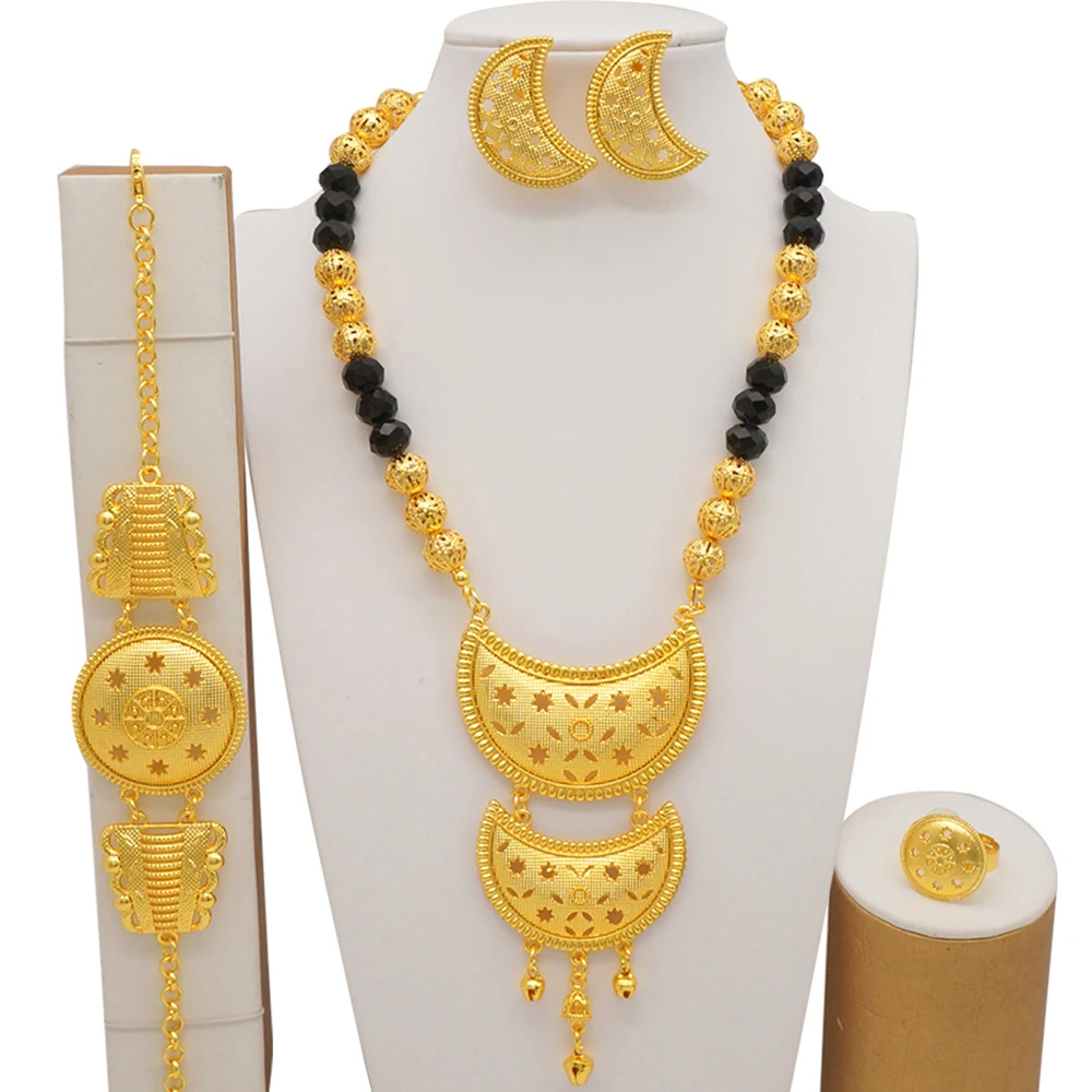 Dubai Gold Color Jewelry Sets For Women Nigerian Necklace Earrings Jewellery Set African Wedding Ethiopia Bridal Gifts