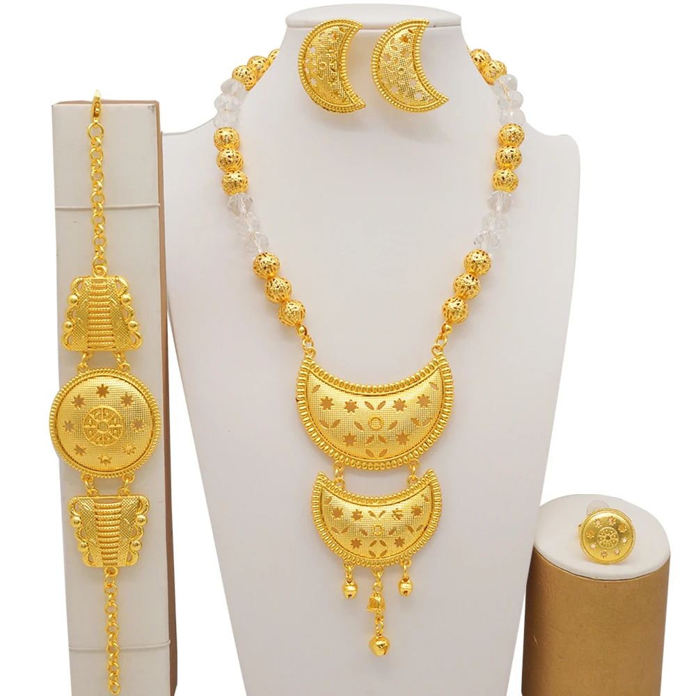 Dubai Gold Color Jewelry Sets For Women Nigerian Necklace Earrings Jewellery Set African Wedding Ethiopia Bridal Gifts