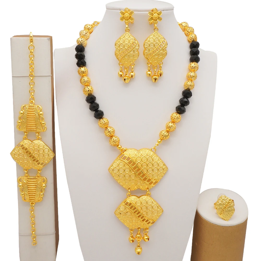 Dubai Gold Color Jewelry Sets For Women Nigerian Necklace Earrings Jewellery Set African Wedding Ethiopia Bridal Gifts