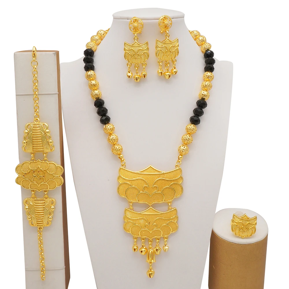 Dubai Gold Color Jewelry Sets For Women Nigerian Necklace Earrings Jewellery Set African Wedding Ethiopia Bridal Gifts