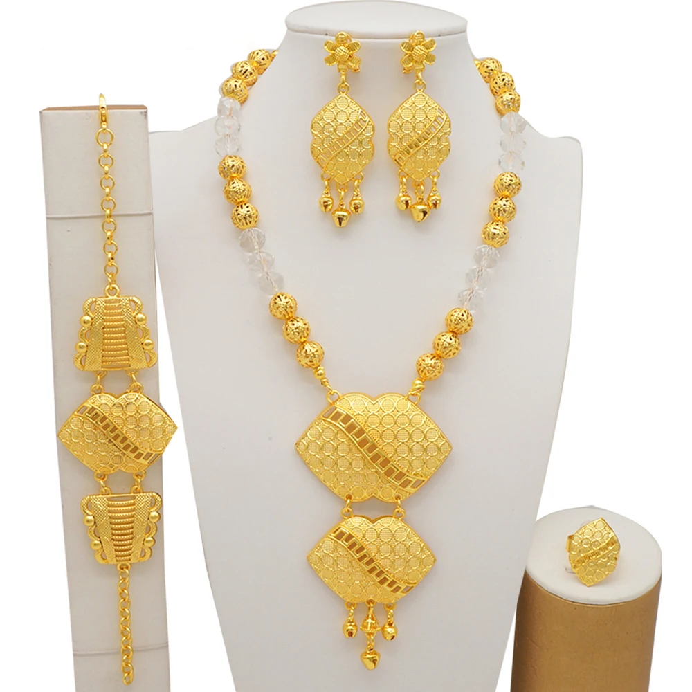Dubai Gold Color Jewelry Sets For Women Nigerian Necklace Earrings Jewellery Set African Wedding Ethiopia Bridal Gifts