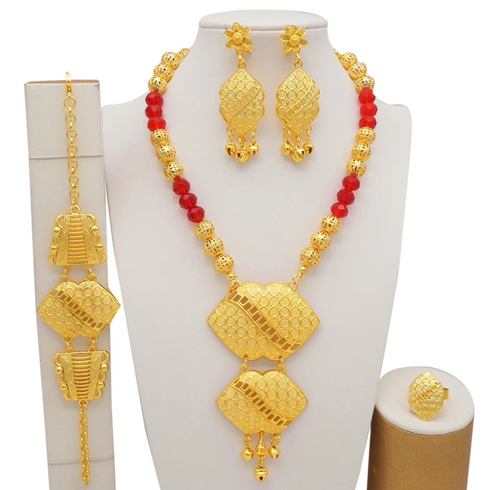 Dubai Gold Color Jewelry Sets For Women Nigerian Necklace Earrings Jewellery Set African Wedding Ethiopia Bridal Gifts