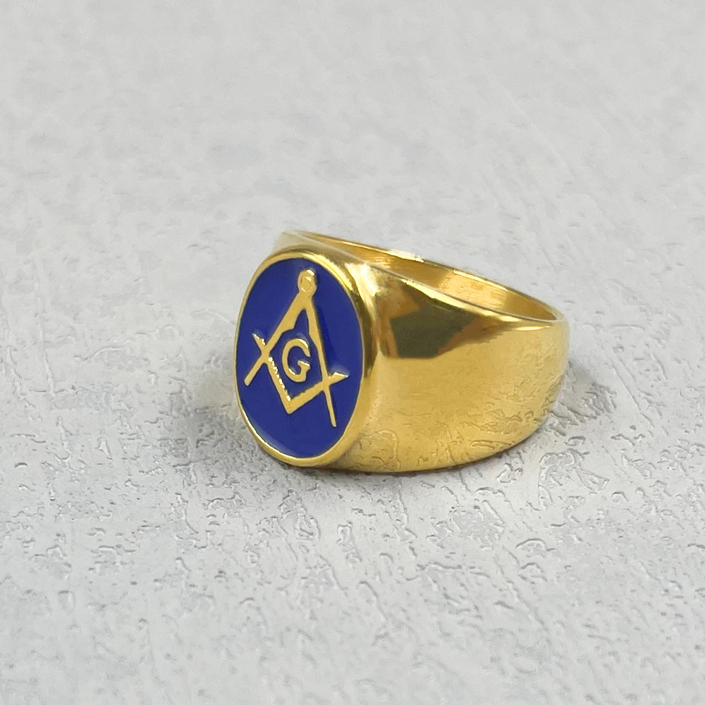 Blue AG Stainless Steel Ring Men Vintage Gold Color Male Hiphop Rock Man Rings Retro Free Mason Freemasonry Masonic Punk Jewelry