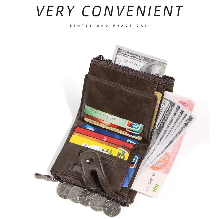 Classic Retro Men's Chain Wallet RFID Anti-Theft Men's Leather Wallet Double Zipper Coin Purse Credit Card Holder for Men