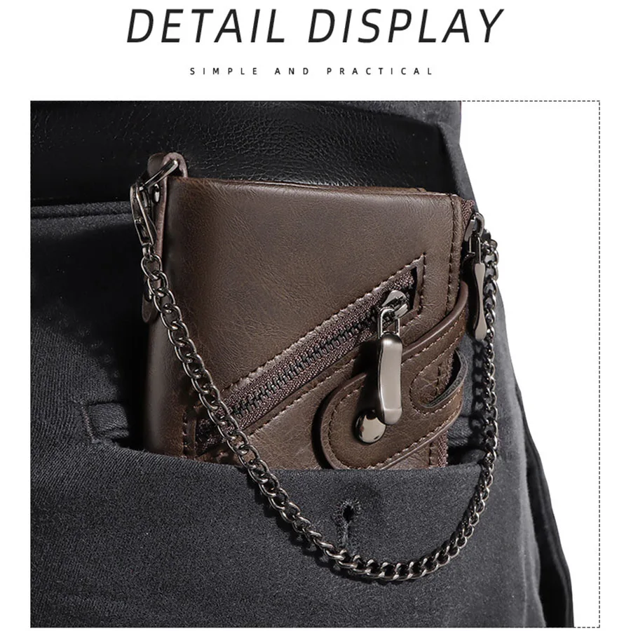 Classic Retro Men's Chain Wallet RFID Anti-Theft Men's Leather Wallet Double Zipper Coin Purse Credit Card Holder for Men
