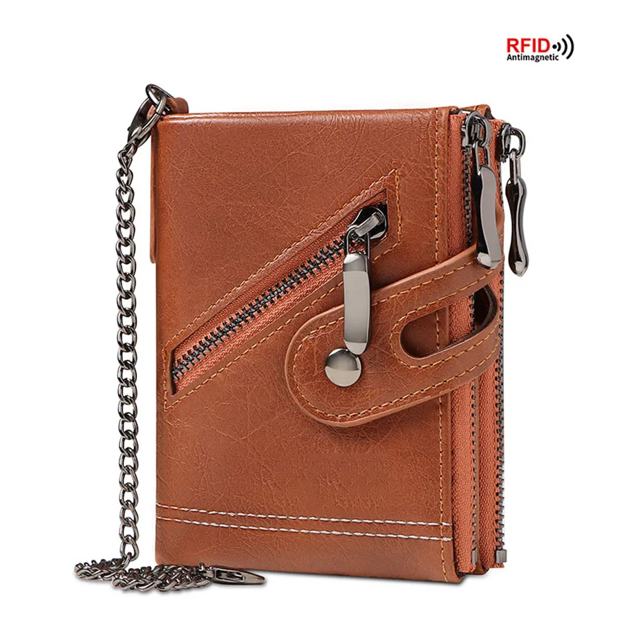Classic Retro Men's Chain Wallet RFID Anti-Theft Men's Leather Wallet Double Zipper Coin Purse Credit Card Holder for Men