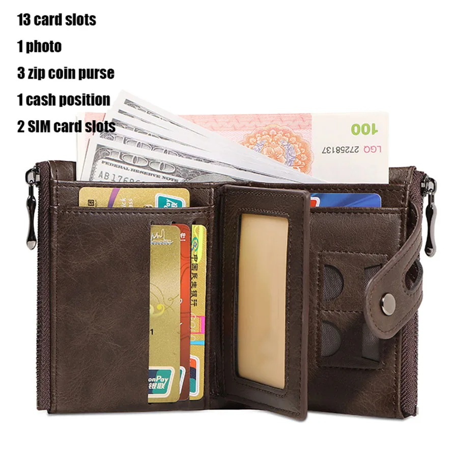 Classic Retro Men's Chain Wallet RFID Anti-Theft Men's Leather Wallet Double Zipper Coin Purse Credit Card Holder for Men