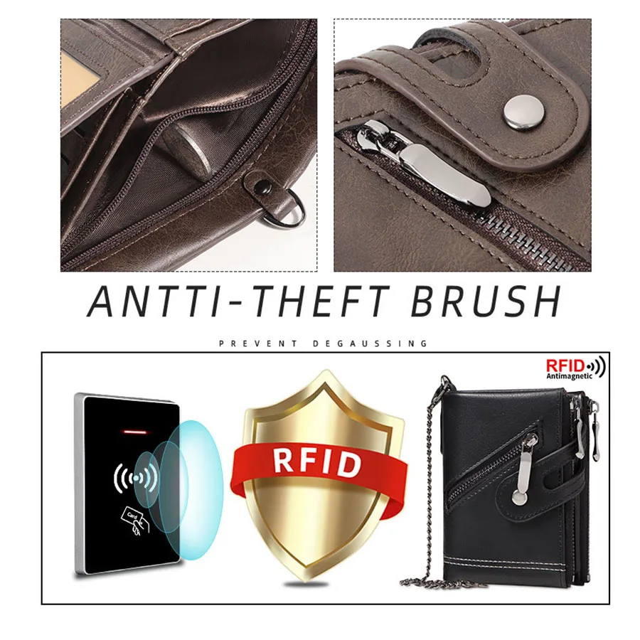 Classic Retro Men's Chain Wallet RFID Anti-Theft Men's Leather Wallet Double Zipper Coin Purse Credit Card Holder for Men