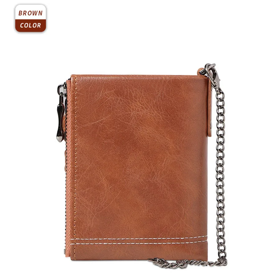 Classic Retro Men's Chain Wallet RFID Anti-Theft Men's Leather Wallet Double Zipper Coin Purse Credit Card Holder for Men