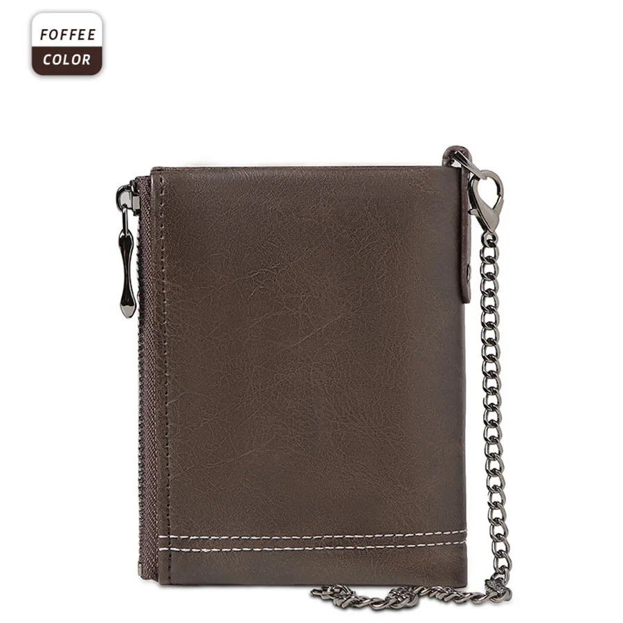 Classic Retro Men's Chain Wallet RFID Anti-Theft Men's Leather Wallet Double Zipper Coin Purse Credit Card Holder for Men
