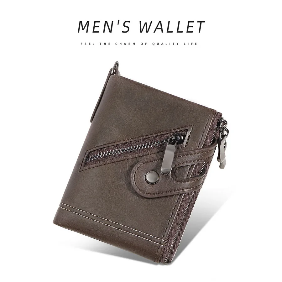Classic Retro Men's Chain Wallet RFID Anti-Theft Men's Leather Wallet Double Zipper Coin Purse Credit Card Holder for Men