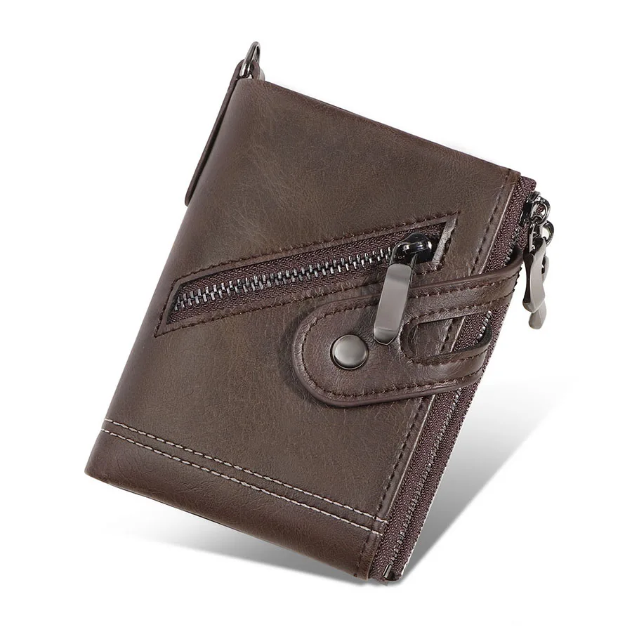 Classic Retro Men's Chain Wallet RFID Anti-Theft Men's Leather Wallet Double Zipper Coin Purse Credit Card Holder for Men