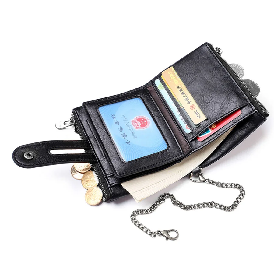 Classic Retro Men's Chain Wallet RFID Anti-Theft Men's Leather Wallet Double Zipper Coin Purse Credit Card Holder for Men