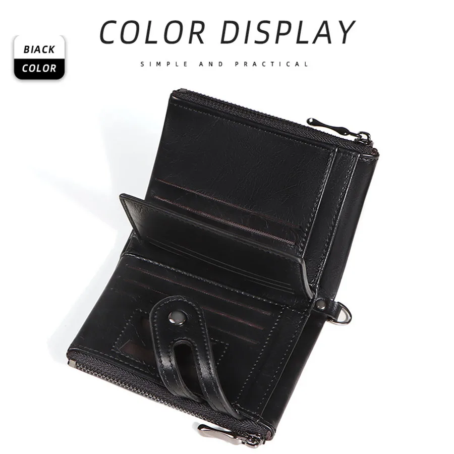 Classic Retro Men's Chain Wallet RFID Anti-Theft Men's Leather Wallet Double Zipper Coin Purse Credit Card Holder for Men