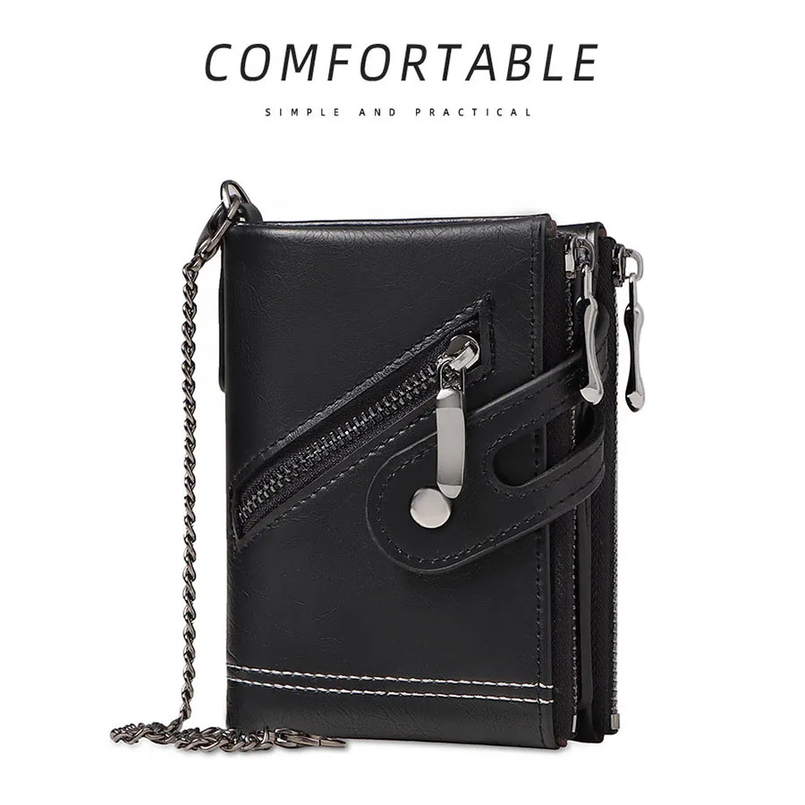 Classic Retro Men's Chain Wallet RFID Anti-Theft Men's Leather Wallet Double Zipper Coin Purse Credit Card Holder for Men