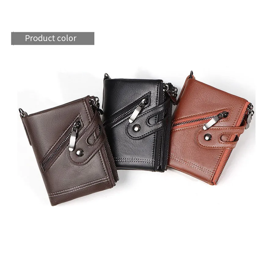 Classic Retro Men's Chain Wallet RFID Anti-Theft Men's Leather Wallet Double Zipper Coin Purse Credit Card Holder for Men