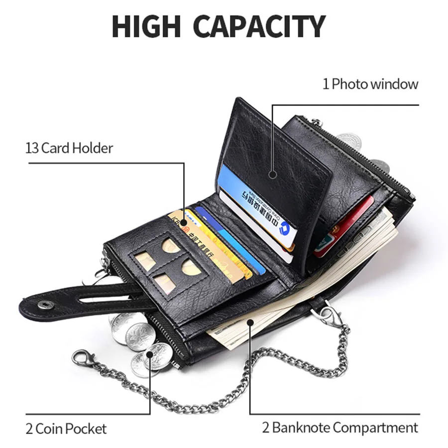 Classic Retro Men's Chain Wallet RFID Anti-Theft Men's Leather Wallet Double Zipper Coin Purse Credit Card Holder for Men