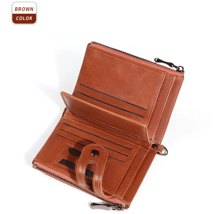 Classic Retro Men's Chain Wallet RFID Anti-Theft Men's Leather Wallet Double Zipper Coin Purse Credit Card Holder for Men