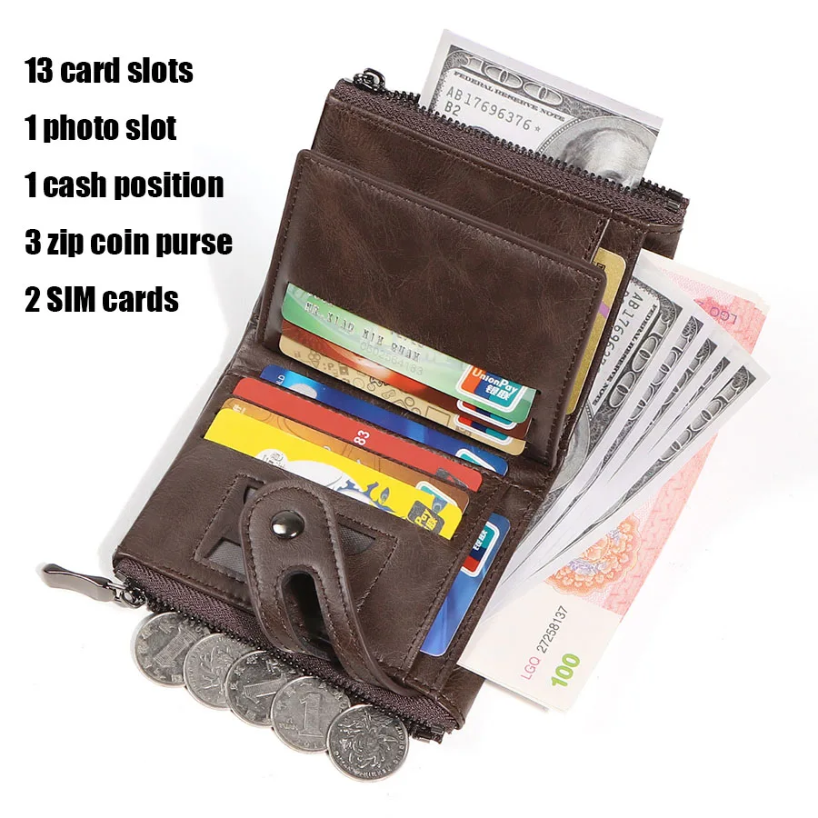 Classic Retro Men's Chain Wallet RFID Anti-Theft Men's Leather Wallet Double Zipper Coin Purse Credit Card Holder for Men
