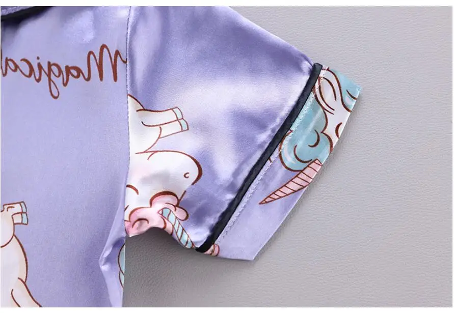 Girls Pajamas Pants Set Summer Air-Conditioned Clothing Toddler Boys Lce Silk Satin Cartoon Unicorn Nightgown 2pcs Outfit