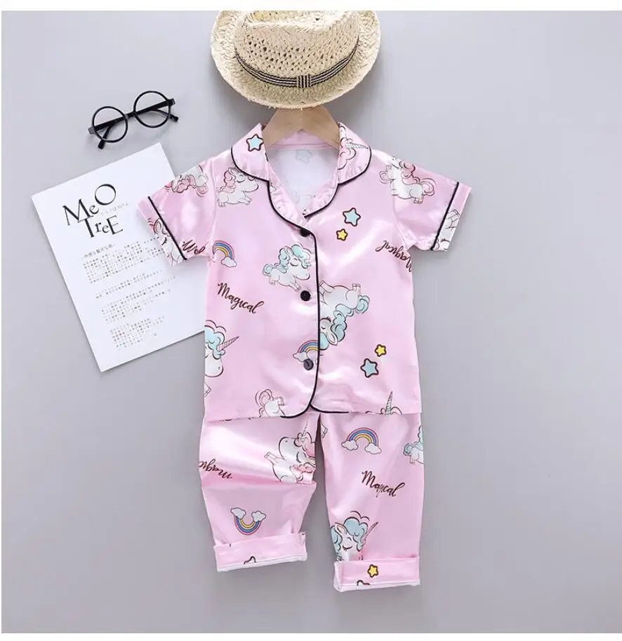 Girls Pajamas Pants Set Summer Air-Conditioned Clothing Toddler Boys Lce Silk Satin Cartoon Unicorn Nightgown 2pcs Outfit
