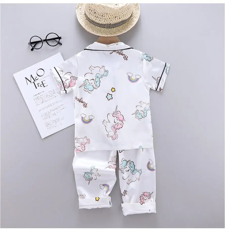 Girls Pajamas Pants Set Summer Air-Conditioned Clothing Toddler Boys Lce Silk Satin Cartoon Unicorn Nightgown 2pcs Outfit