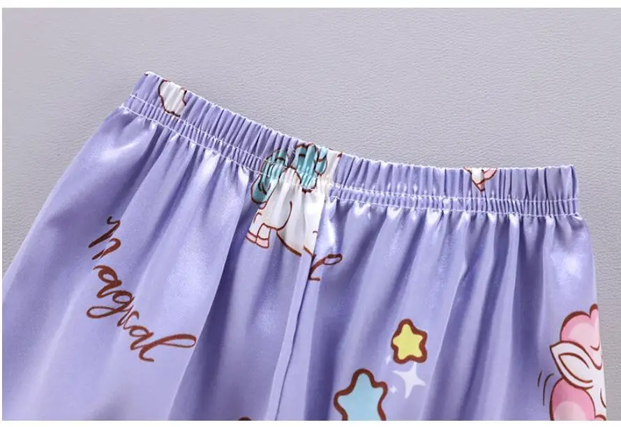 Girls Pajamas Pants Set Summer Air-Conditioned Clothing Toddler Boys Lce Silk Satin Cartoon Unicorn Nightgown 2pcs Outfit