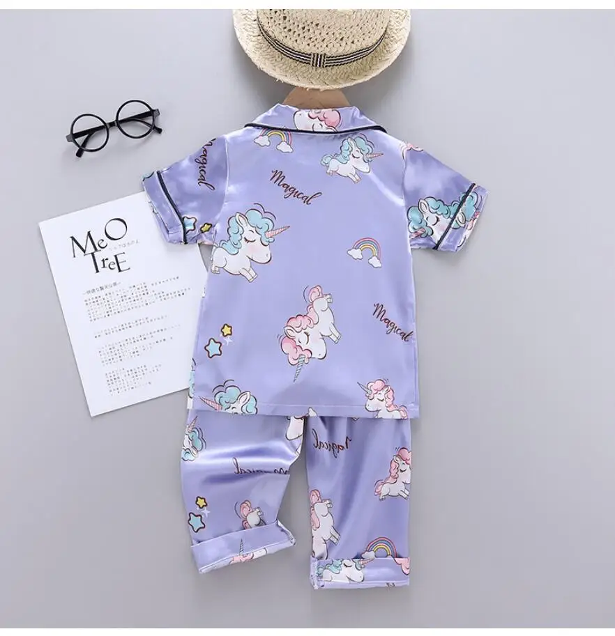 Girls Pajamas Pants Set Summer Air-Conditioned Clothing Toddler Boys Lce Silk Satin Cartoon Unicorn Nightgown 2pcs Outfit