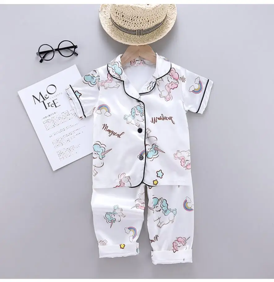 Girls Pajamas Pants Set Summer Air-Conditioned Clothing Toddler Boys Lce Silk Satin Cartoon Unicorn Nightgown 2pcs Outfit