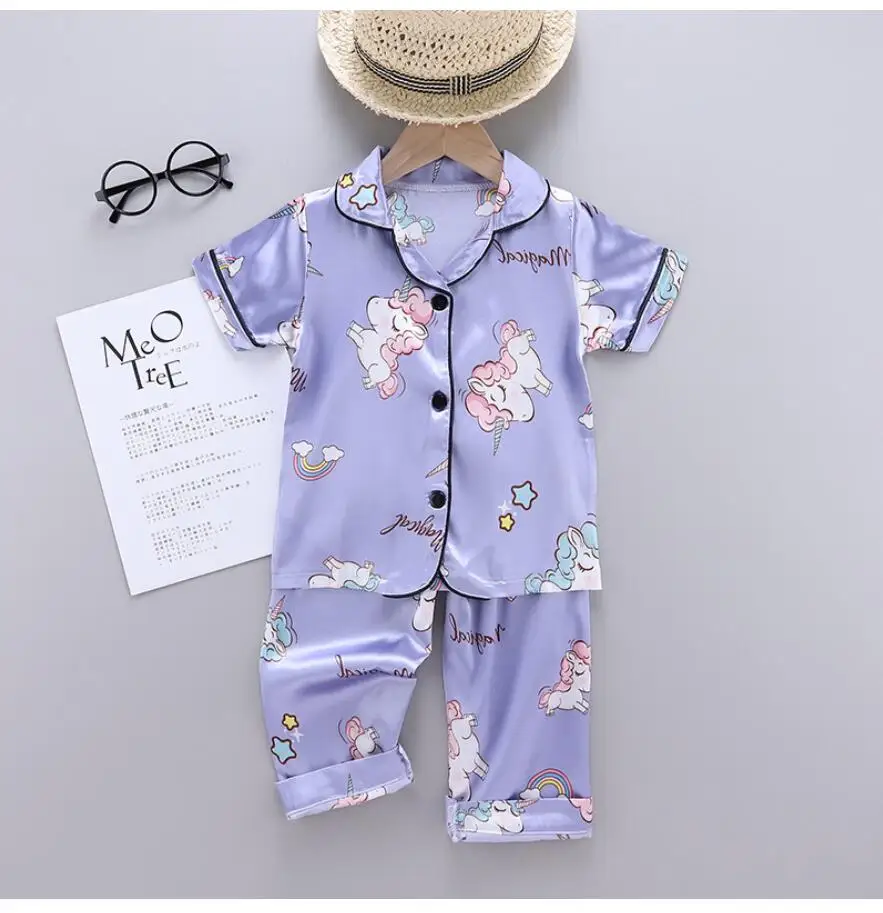 Girls Pajamas Pants Set Summer Air-Conditioned Clothing Toddler Boys Lce Silk Satin Cartoon Unicorn Nightgown 2pcs Outfit